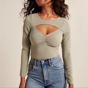 NWT Abercrombie & Fitch Sage Green Ruched Long-Sleeve Cutout Top - XS